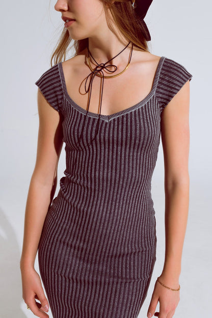 Black Midi Thick Rib Bodycon Dress With Cap Sleeves - dress