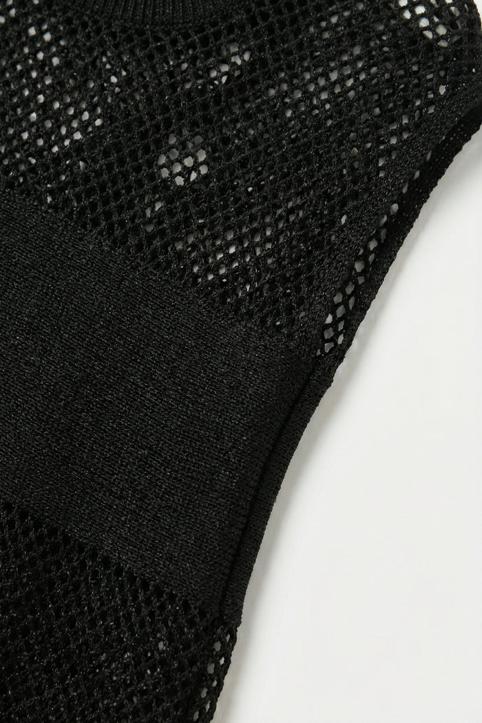 Black Open Knit Relaxed Fit Cap Sleeve Sweater