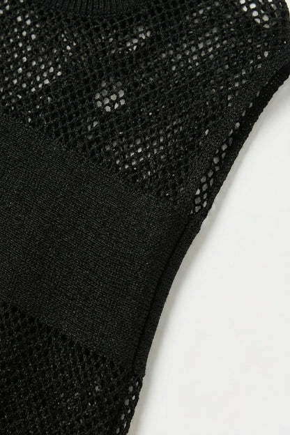 Black Open Knit Relaxed Fit Cap Sleeve Sweater