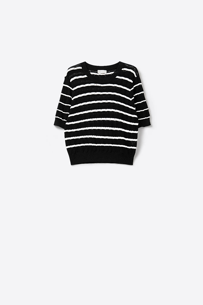 Black Openwork Knit Top with Short Sleeves and White Stripes