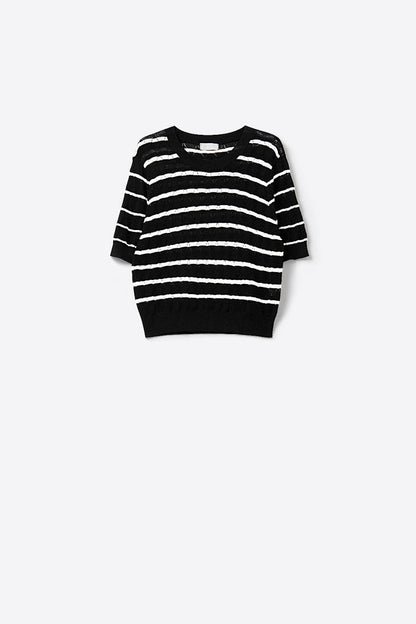 Black Openwork Knit Top with Short Sleeves and White Stripes