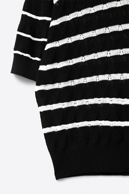 Black Openwork Knit Top with Short Sleeves and White Stripes