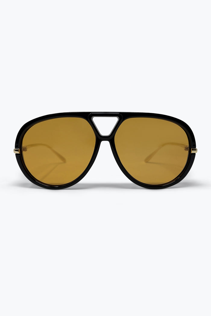 Black Oversize Aviator Frame Gold Trim Amber Lens Sunglasses