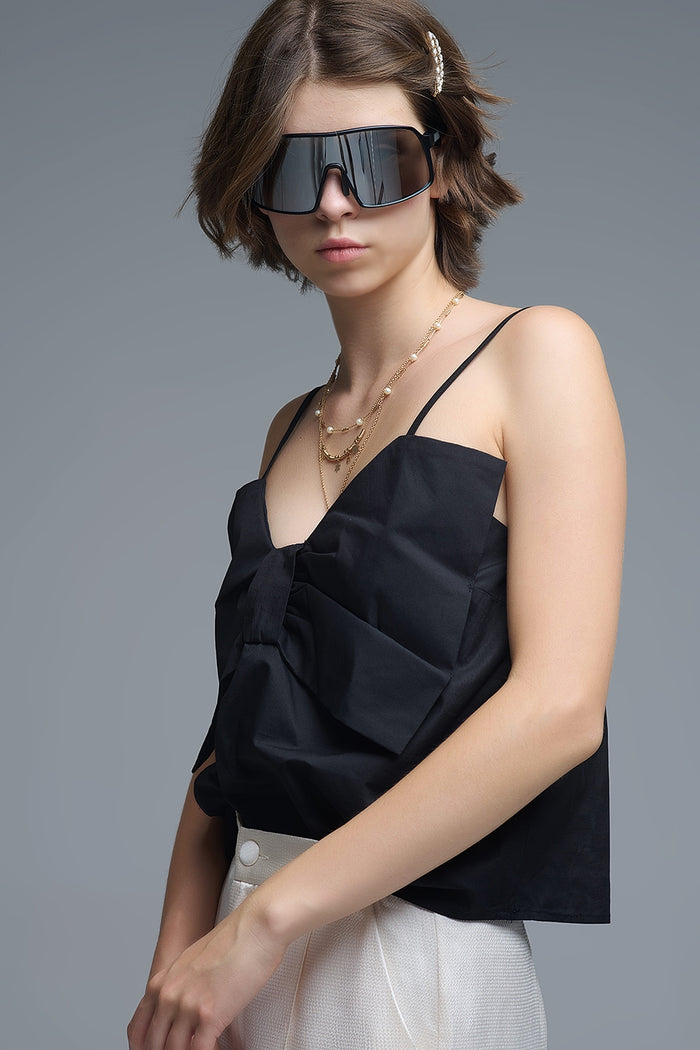 Black poplin crop top with bow detail