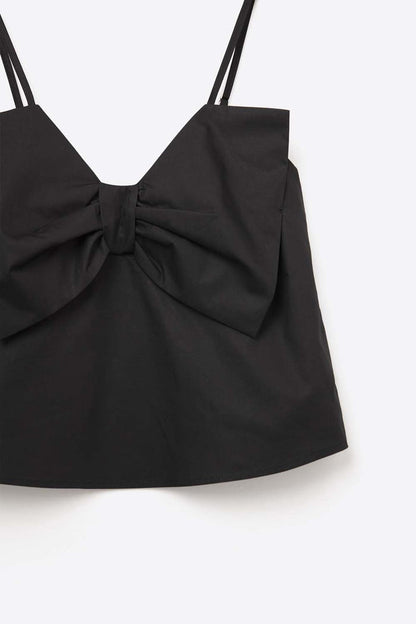 Black poplin crop top with bow detail