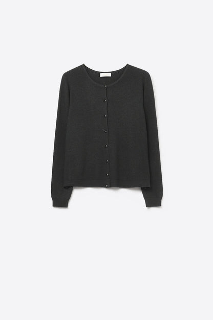 Black Ribbed Knit Cardigan with Mother-of-Pearl Buttons