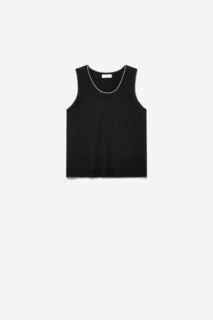 Black Ribbed Knit Contrast Seam Regular Fit Tank Top