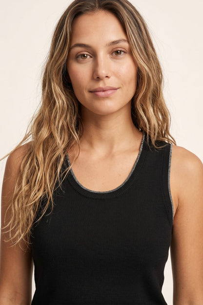 Black Ribbed Knit Contrast Seam Regular Fit Tank Top