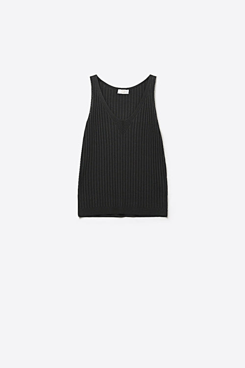 Black Ribbed Knit V-Neck Tank Top