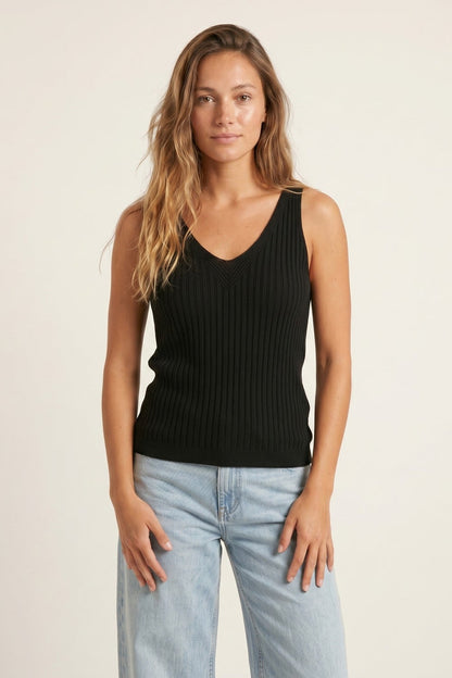 Black Ribbed Knit V-Neck Tank Top