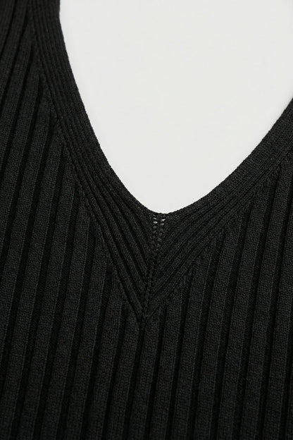 Black Ribbed Knit V-Neck Tank Top