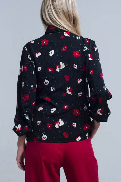 Black shirt with red and white flowers - Shirts