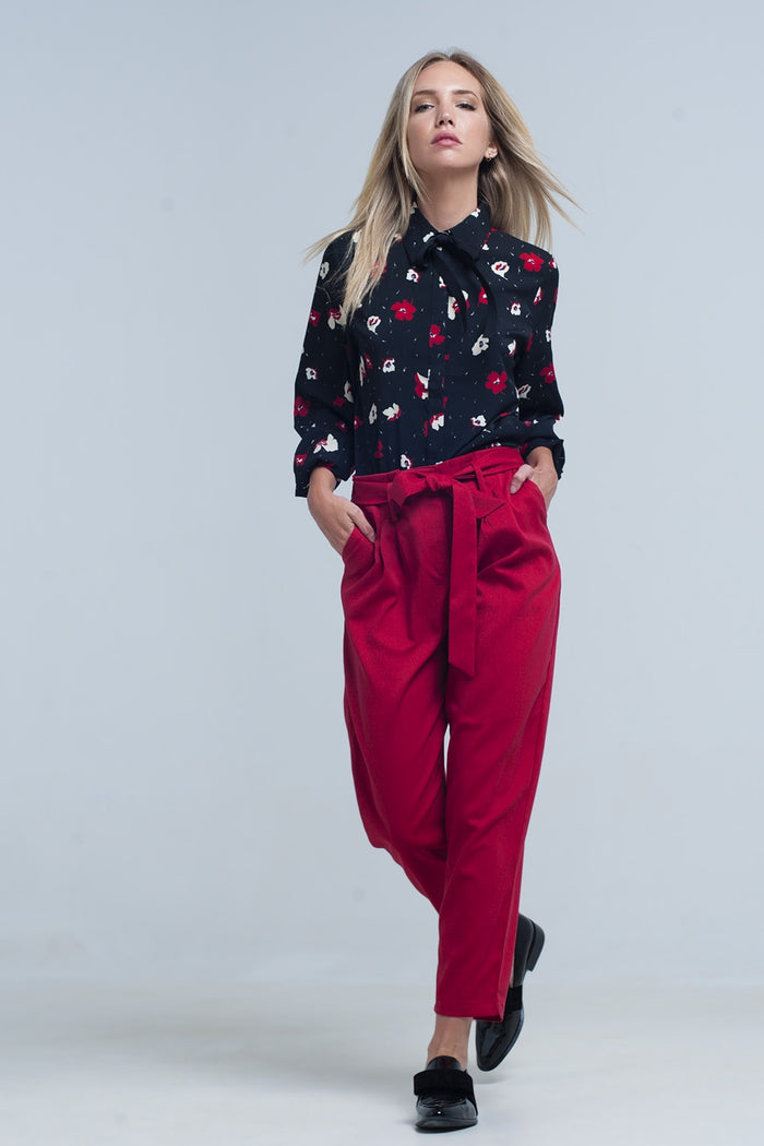 Black shirt with red and white flowers - Shirts