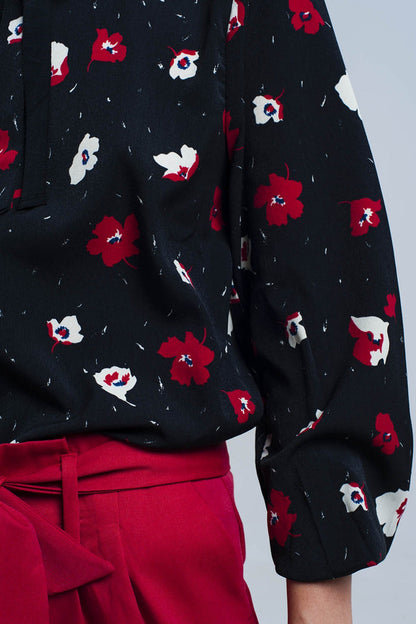 Black shirt with red and white flowers - Shirts
