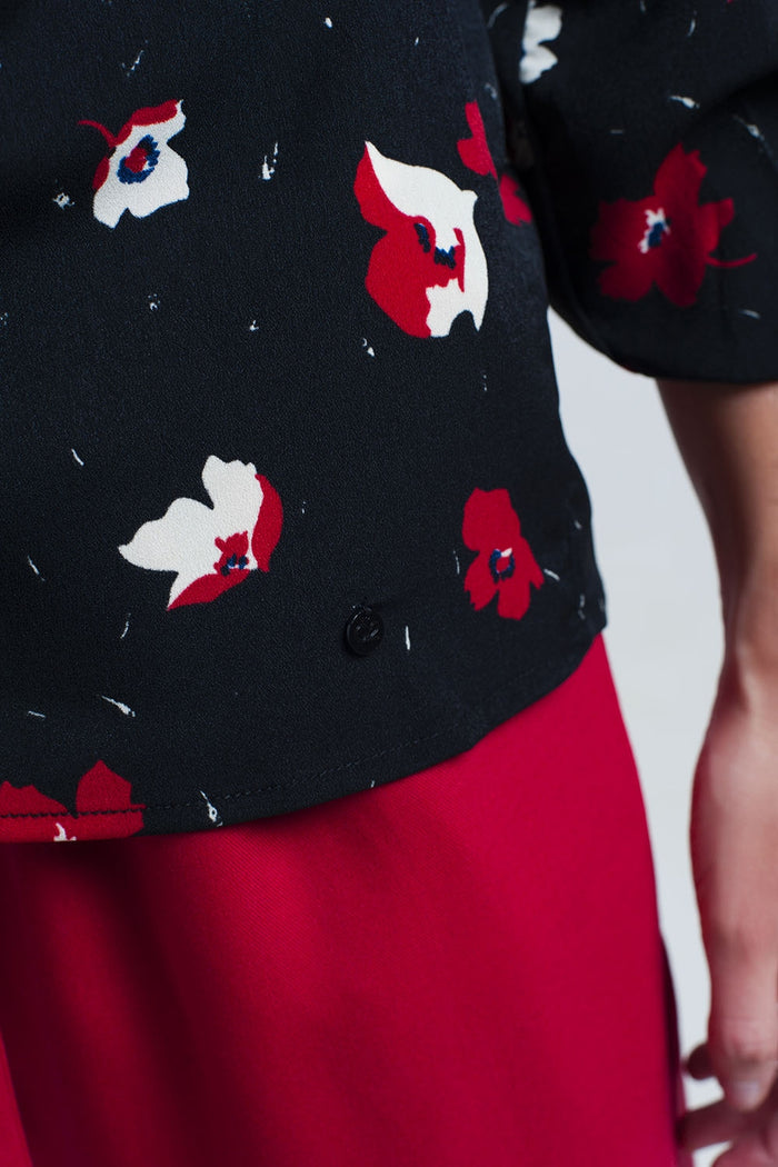 Black shirt with red and white flowers - Shirts