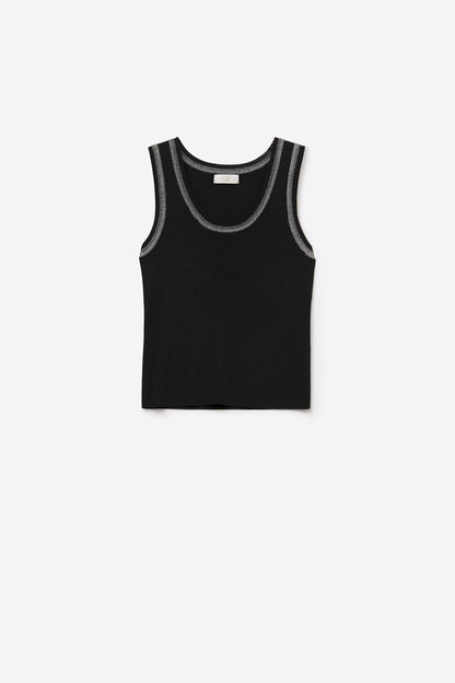 Black Sleeveless Knit Top with Metallic Trim