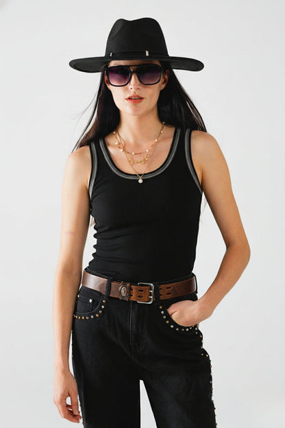 Black Sleeveless Knit Top with Metallic Trim