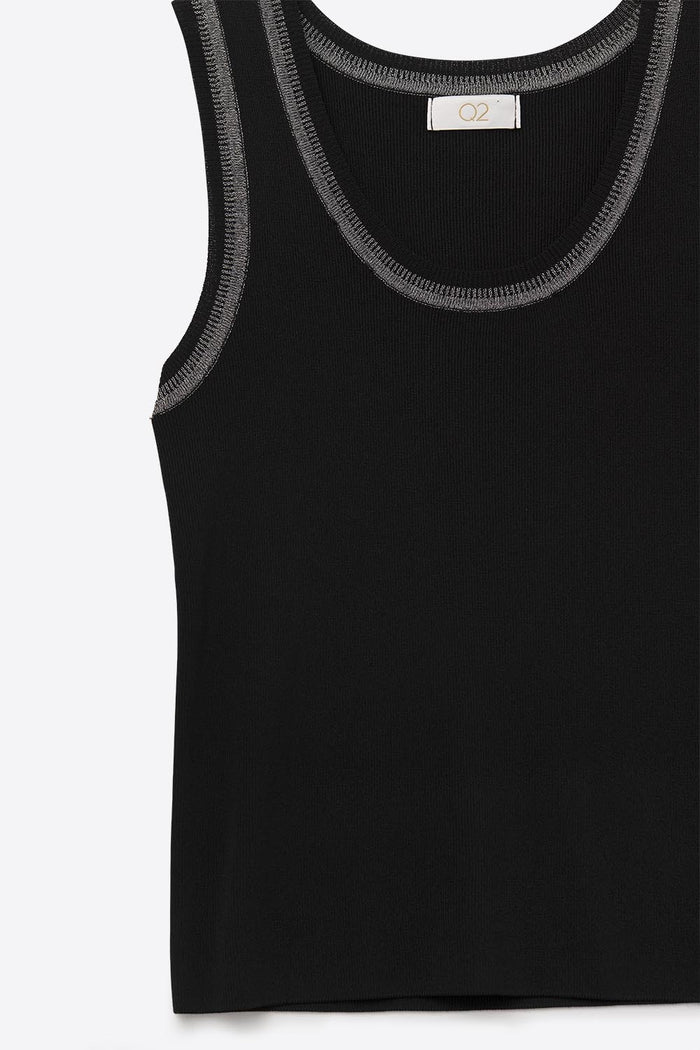 Black Sleeveless Knit Top with Metallic Trim