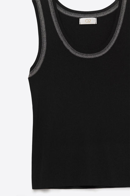 Black Sleeveless Knit Top with Metallic Trim