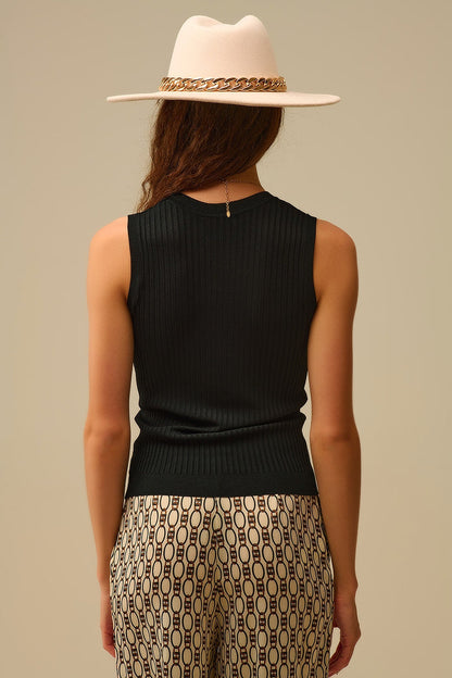 Black Sleeveless Ribbed Knit Top