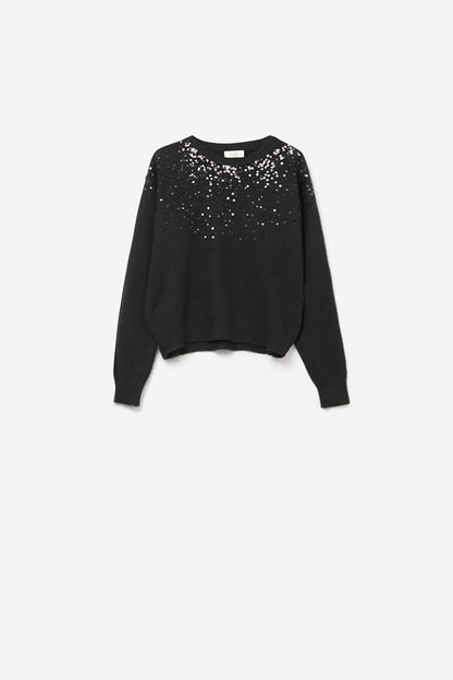 black soft knit sweater embellished with sequins on the front