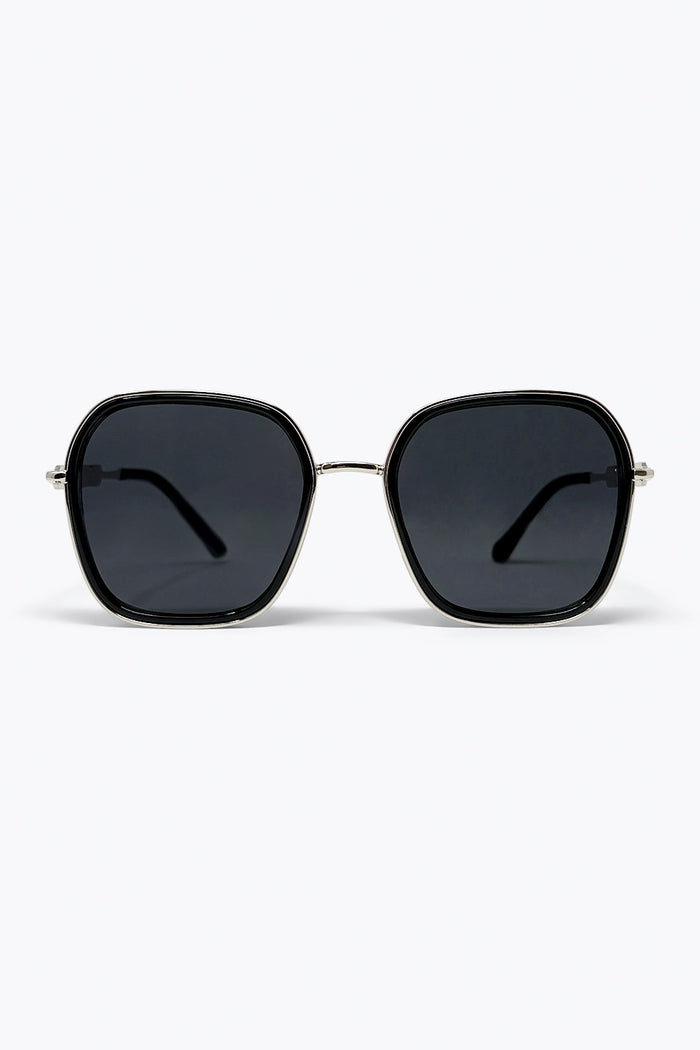 Black Square Frame Metal Chain Detail Oversize Sunglasses