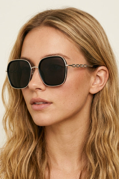 Black Square Frame Metal Chain Detail Oversize Sunglasses