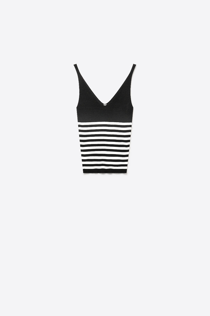 Black Stripe Ribbed Knit V-Neck Fitted Cropped Tank Top