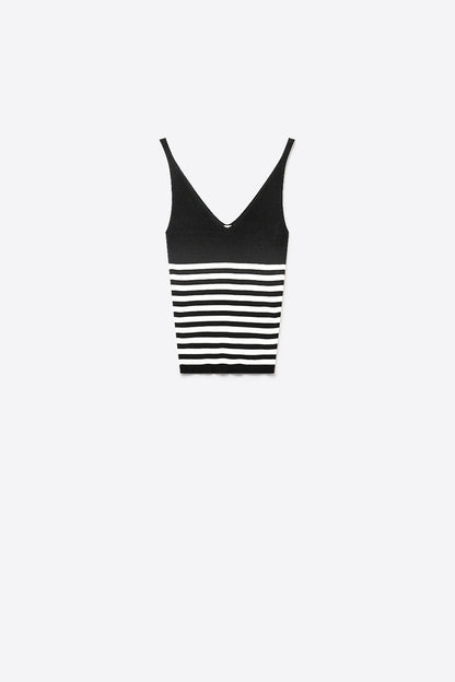 Black Stripe Ribbed Knit V-Neck Fitted Cropped Tank Top
