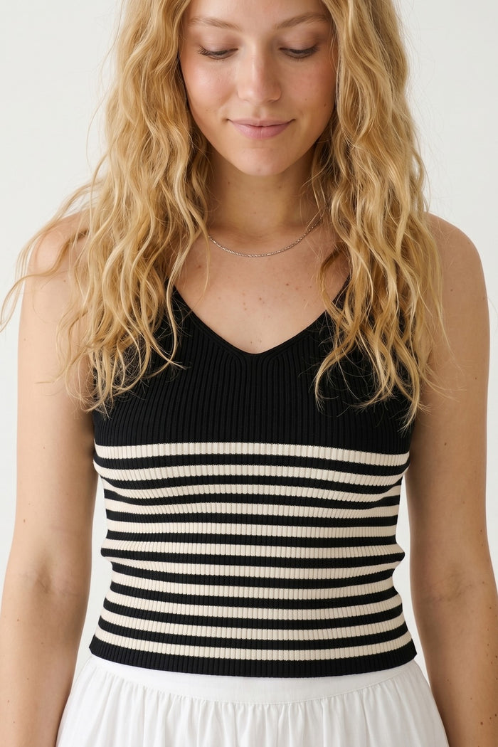 Black Stripe Ribbed Knit V-Neck Fitted Cropped Tank Top