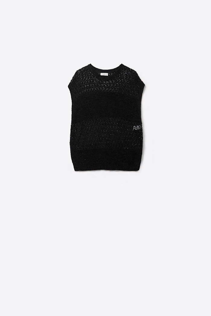 Black sweater with soft open knit and dropped sleeves