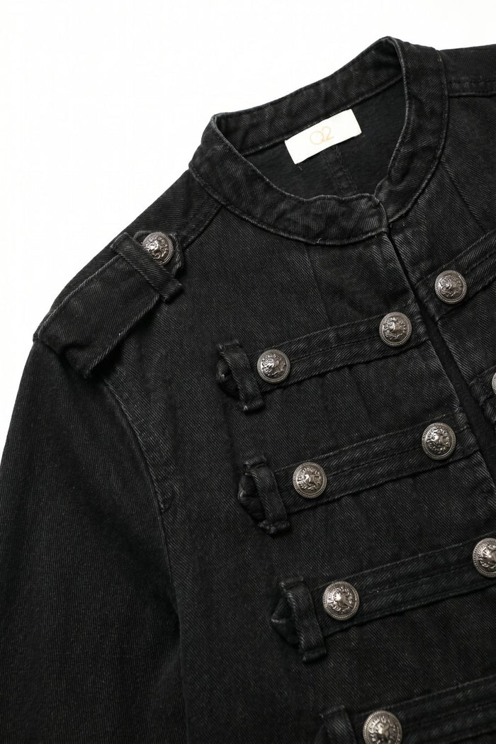Black wash Officer Denim Jacket with Decorative Buttons