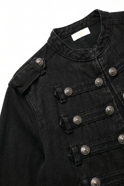 Black wash Officer Denim Jacket with Decorative Buttons