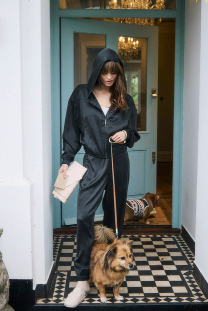 Black Washable Organic Stretch Silk Bomber Jacket - Jackets