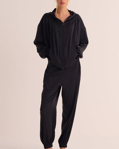 Black Washable Organic Stretch Silk Bomber Jacket - Jackets