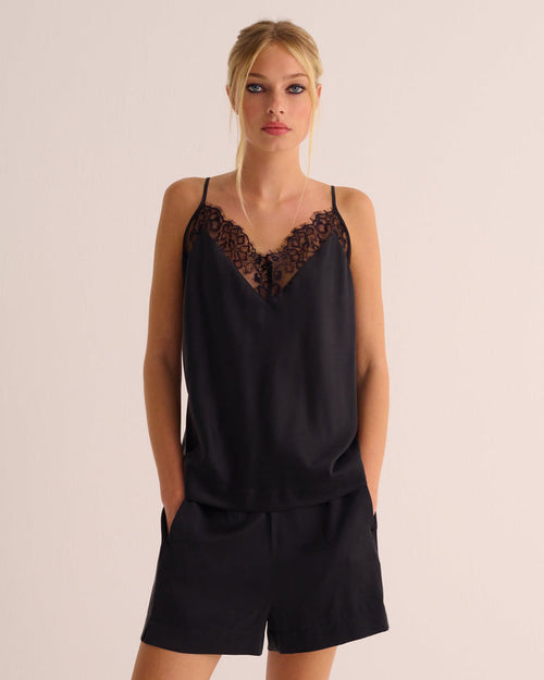 Black Washable Organic Stretch Silk & Lace Camisole - Nighty
