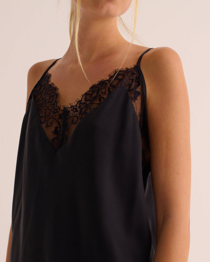 Black Washable Organic Stretch Silk & Lace Camisole - Nighty