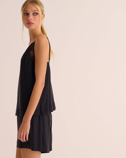 Black Washable Organic Stretch Silk & Lace Camisole - Nighty