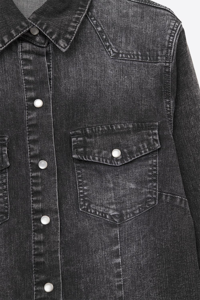Black Washed Denim Button-Up Shirt Jacket - Shirts