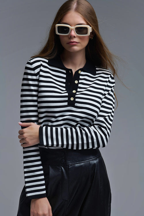 Black & White Striped Long-Sleeve Polo