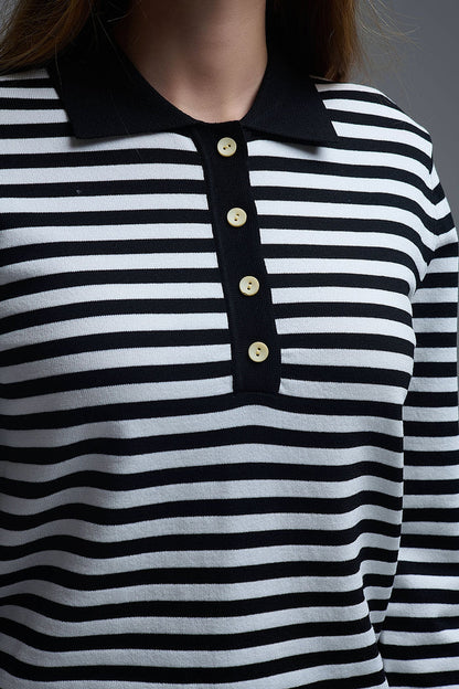 Black & White Striped Long-Sleeve Polo