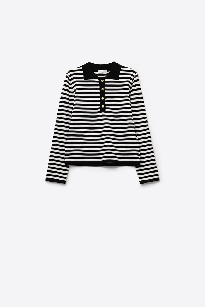 Black & White Striped Long-Sleeve Polo