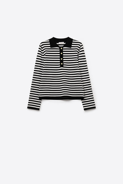 Black & White Striped Long-Sleeve Polo