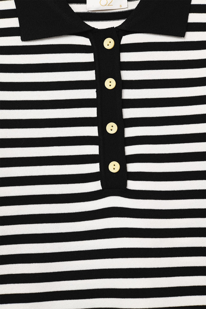 Black & White Striped Long-Sleeve Polo