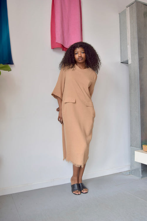BLANK TAN DISTRESSED SHORT SLEEVE MAXI DRESS