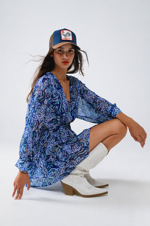 Blue abstract print short dress with adjustable waist - dress