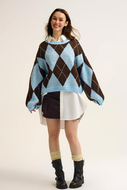 Blue and Brown diamond Knit Sweater With Voluminous Sleeves