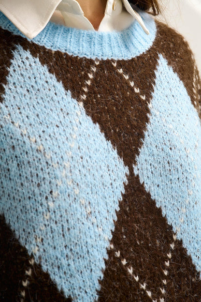 Blue and Brown diamond Knit Sweater With Voluminous Sleeves