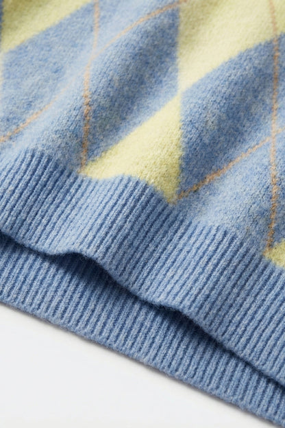 Blue and yellow diamond patterned sweater in soft fluffy knit