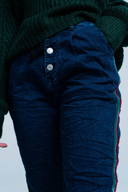 Blue Baggy Jeans multi-color side stripe - Denim